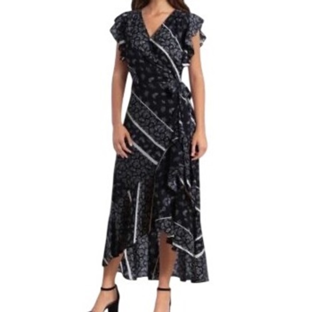 GIGI PARKER Black‎ White Paisley Ruffle Wrap Flutter Sleeve Midi Dress EUC Small